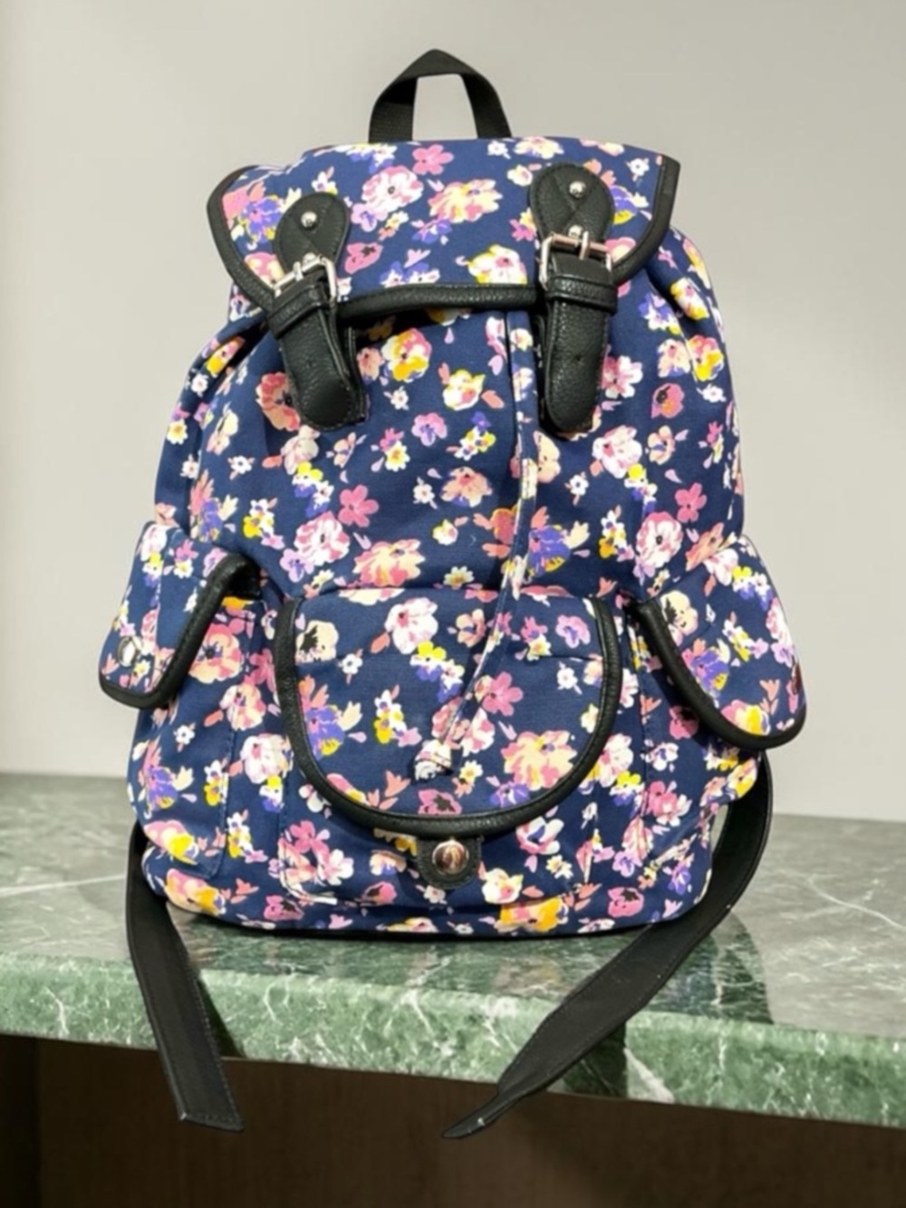 Candie's Navy Floral Canvas Drawstring Backpack with Black Trim